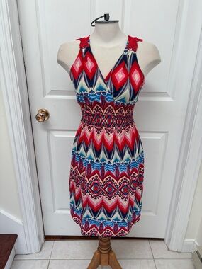 Sleeveless Red Multi-Pattern V-Neck Summer Dress
